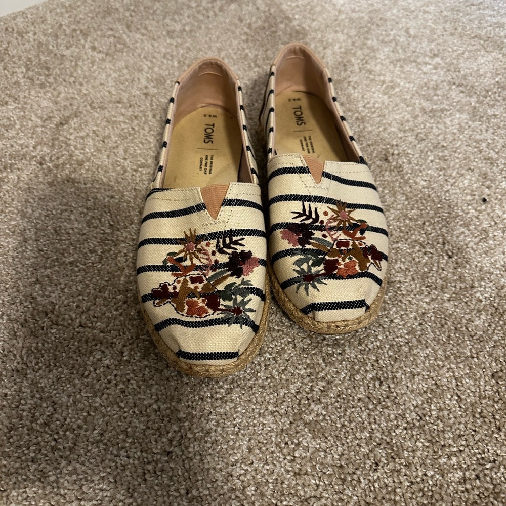 TOMS Cream and Navy Striped Espadrilles with Floral Embroidery